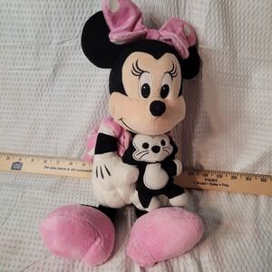 Disney Minnie Mouse Plush Holding Figaro Cat Pink Polka Dot Dress Just Play 12"